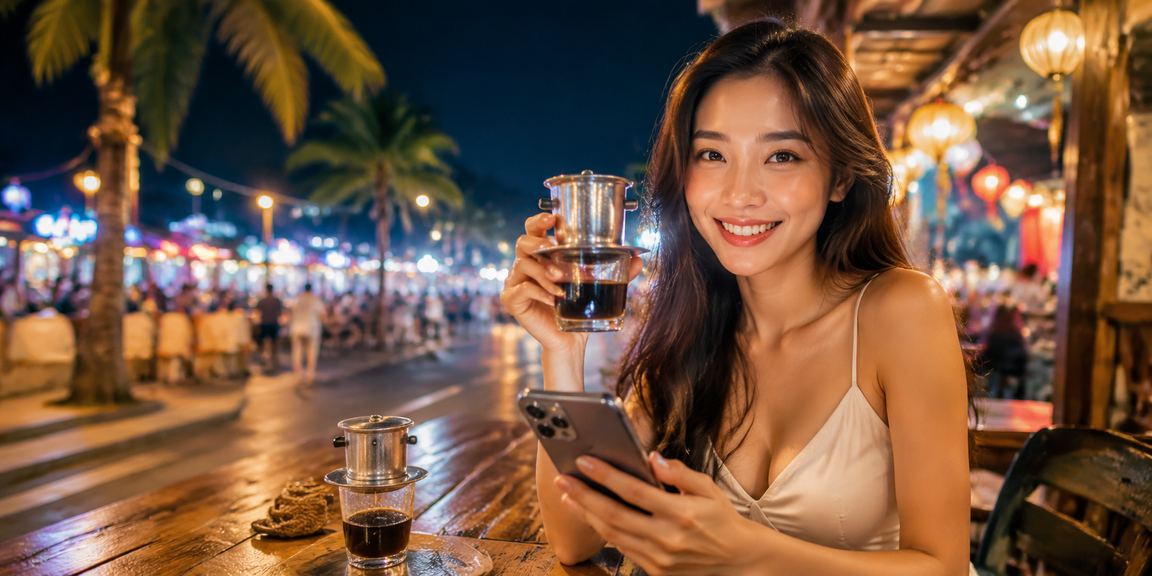 Giao diện th2 trên điện thoại trong bối cảnh quán cà phê tại Nha Trang