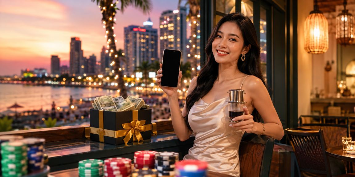 Điện thoại hiển thị giải trí casino trong quán cà phê tại Phú Quốc